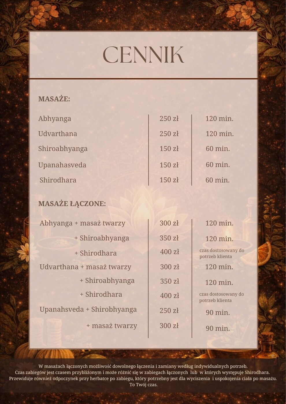 Cennik masaży ajurwedyjskich w formie graficznej
