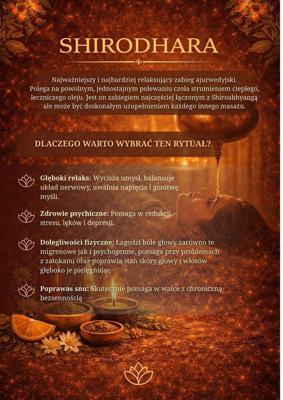 Shirodhara — polewanie czoła strumieniem ciepłego oleju
