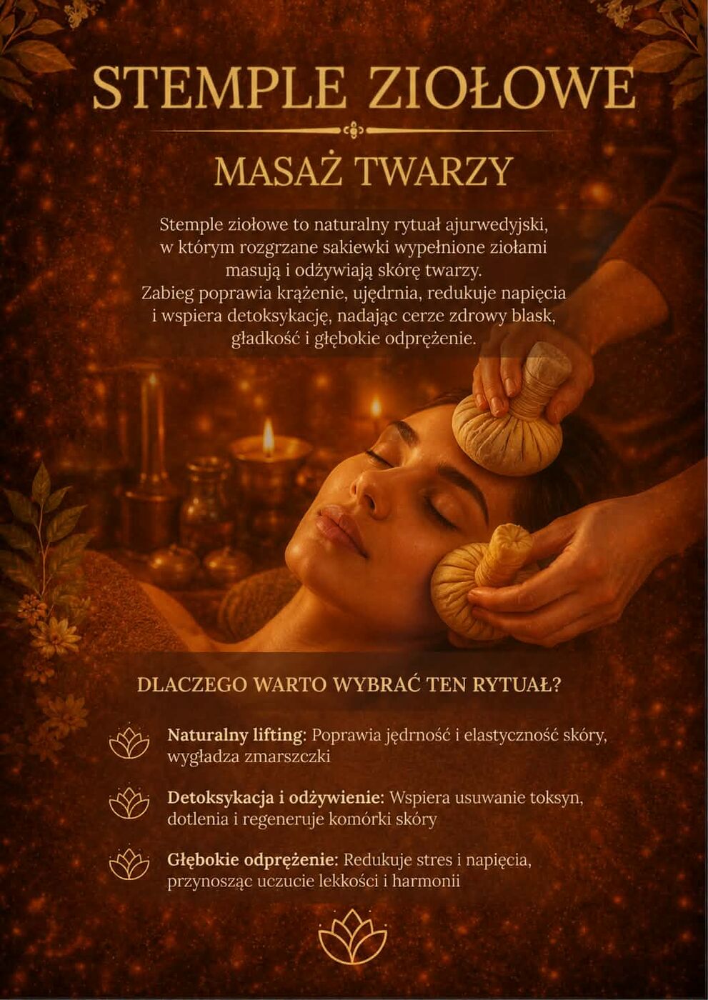 Stemple ziołowe — masaż twarzy rozgrzanymi sakiewkami z ziołami
